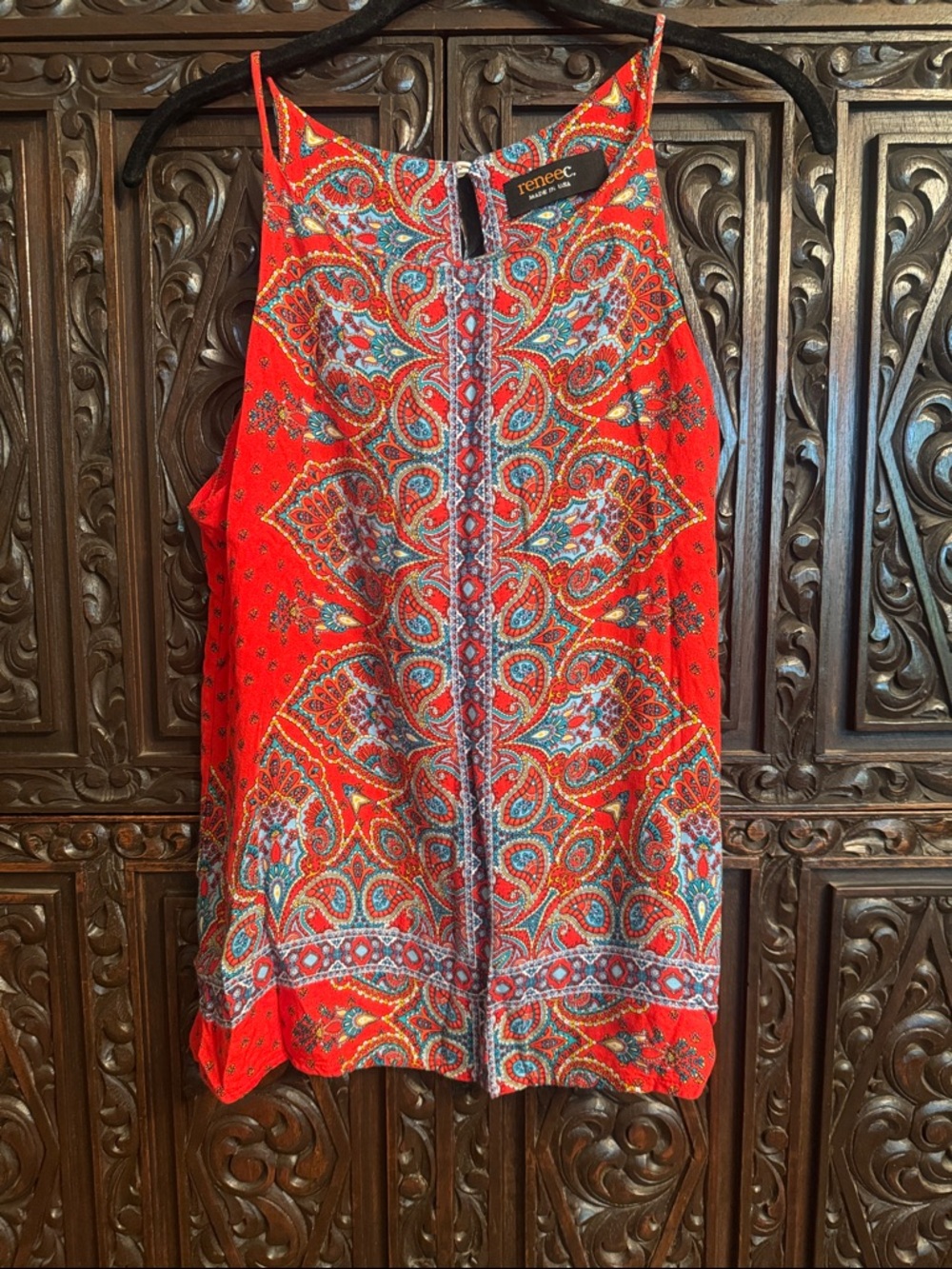 Renee C. Red Paisley Halter Tank with Teal Accents